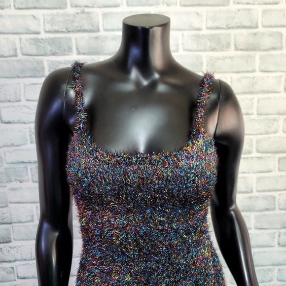 Rehab Brand Womens S Colorful Tinsel Fuzzy Bodycon Mini Cocktail Dress - Picture 3 of 10